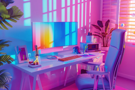 Workspace with computer, chair and plants in front of a bright colored wall in a modern office settingの素材