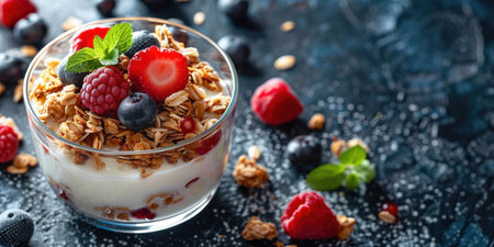 Delicious yogurt with fresh berries and crunchy granola in a glass on a dark backgroundの素材