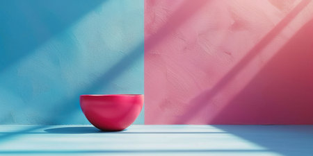 Vibrant red cup against a colorful blue and pink backdrop with sunlight shining on itの素材