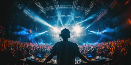 Nightclub Celebration: Electric Rhythms, Neon Lights, and Euphoric Crowd Uniting for a Techno Partyの素材