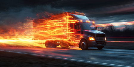 Speeding semi truck on fire billowing flames on highway in industrial area with smoke plumesの素材