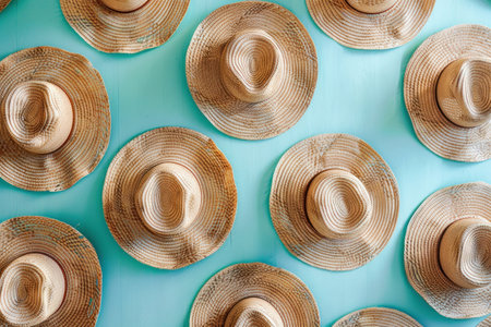 Sun Hats Collection Hanging on Wall Against Turquoise Backdrop for Summer Fashion and Outdoor Accessories Conceptの素材