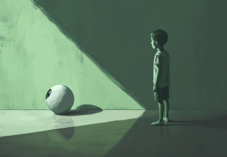 Young boy standing in front of a green wall with a white ball in front of him, looking curious and playfulの素材