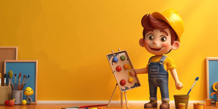 Young artist painting on canvas with easel and paintbrush in front of vibrant yellow wall in 3D ingの素材