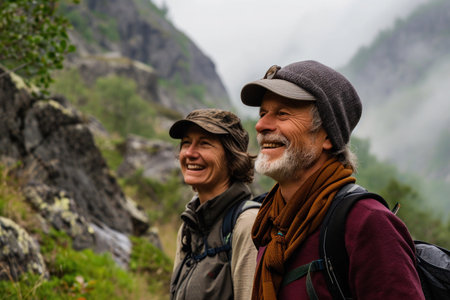 Happy elderly couple hiking together in the mountains with backpacks and smiles on their facesの素材