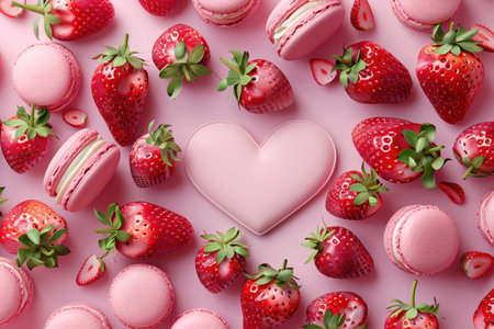 Heartshaped arrangement of strawberries and macaroons on pink background, sweet and colorful dessert conceptの素材