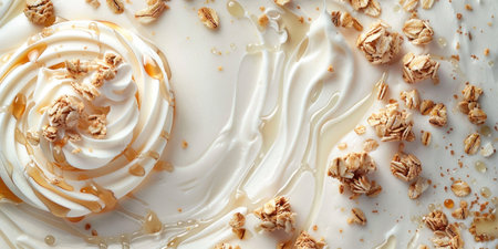 Whipped cream and granola on white surface with bowl of granola delicious and nutritious breakfast optionの素材