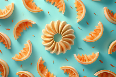 Fresh and Vibrant Orange Slices Arranged in a Circular Pattern on a Blue Backgroundの素材