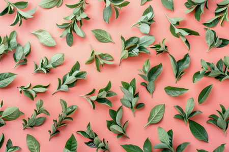 Green leaves on a pink background top view, flat lay composition with vibrant natural colorsの素材