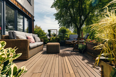 Cozy outdoor wooden deck with wicker couch and potted plants by a window overlooking the gardenの素材