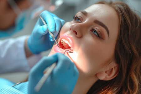 Dentist examining womans teeth with blue gloves in dental officeの素材