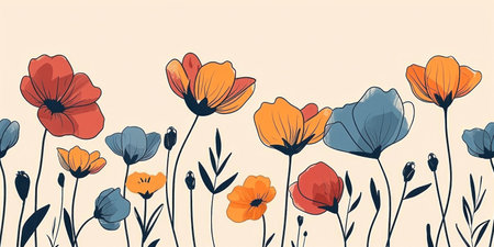 Vibrant illustration of various colorful poppies on a soft beige background, perfect for botanical and nature designsの素材
