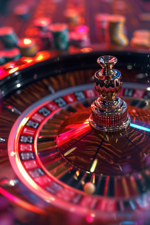 Close up of a roulette wheel with many casino chips on a table in a casinoの素材
