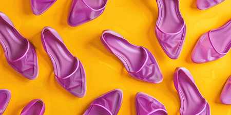 Vibrant 3D Illustration of Purple Shoes Standing Out Against a Bright Yellow Backgroundの素材