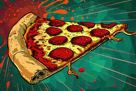 Delicious slice of pepperoni pizza on a vibrant green background with artistic splattersの素材