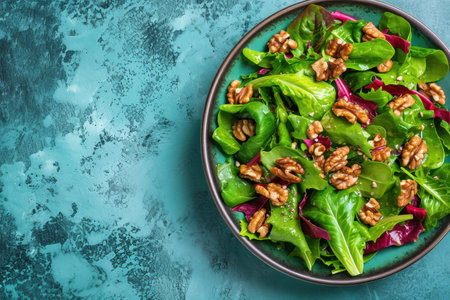 Fresh and healthy spinach salad with walnuts on a blue table, top view, copy space, vegan food concept, nutritious mealの素材