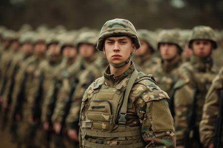 Group of soldiers in military uniforms standing in formation with soldier in frontの素材