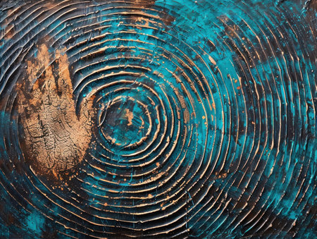 Vibrant Turquoise Abstract Painting Featuring Hand with Circular Pattern on Backgroundの素材