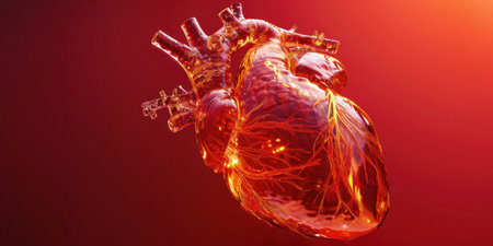 3D Rendering of Human Heart on Red Background with Copy Space for Text, Medical Concept Illustrationの素材