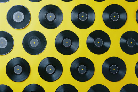 Retro vinyl records collection on yellow background with black circles in the middleの素材