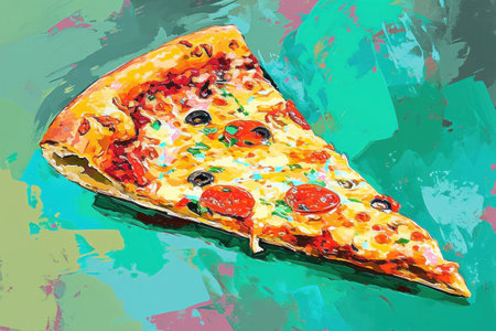 Delicious Pepperoni Pizza Slice with Black Olives, Mozzarella Cheese, and Tomato Sauce on a Wooden Table CloseUp Shotの素材