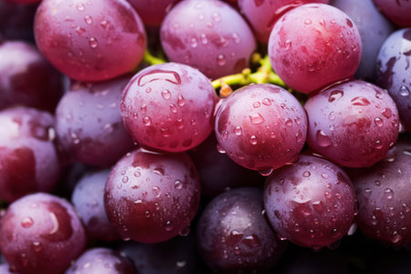Ripe, Juicy Grapes - A Delicious and Healthy Bounty of Natures Harvest, Piled Up on a Fresh, Wet Background of Purple Beautyの素材
