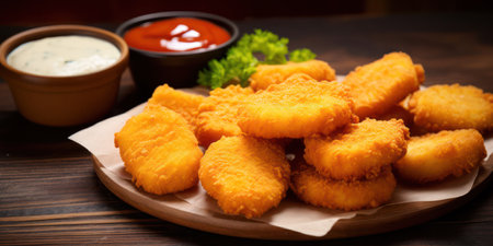 Crispy, Breaded Chicken Nuggets with Golden Sauce on a Rustic Wooden Plateの素材