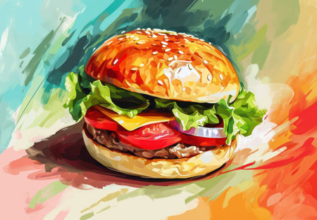 Delicious Gourmet Cheeseburger Indulgence: A Mouthwatering, Juicy, and Succulent Fast Food Classic - A Tasty, Unhealthy Snack with Grilled Beef, Melted Cheddar Cheese, Fresh Lettuce, Tomato, Onion, and Sesame Seed Bun on a White Background Cartoon Illustraの素材