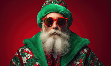 Merry Santa Claus, the Red-Hat Grandfather: A Funny, Aged Male with White Hair, Glasses, and a Beard, Celebrating Christmas in a Modern, Trendy, and Cool Styleの素材