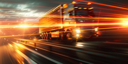 Night highway transportation with a truck shining bright lights on the road behindの素材