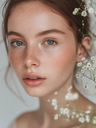 Beautiful Young Woman with Freckles and Flowers in Hair, Natural Beauty Portrait with Floral Accessoriesの素材