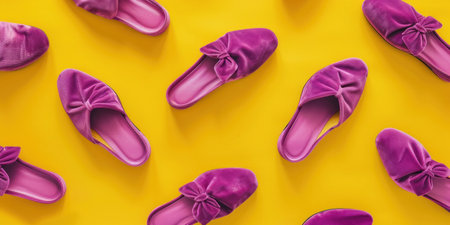 Stylish assortment of purple shoes with bows on vibrant yellow background for fashion conceptの素材