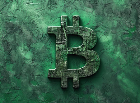 3D Rendering of a Bitcoin Symbol on a Vibrant Green Wall Background with Copy Space for Textの素材