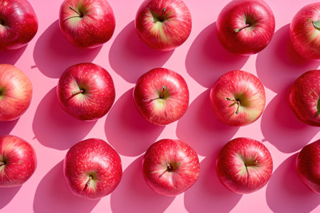 Fresh red apples in a row on pink background with shadows in the middle, healthy fruit conceptの素材