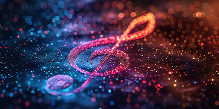 Vibrant musical note against dark background with stars and sparkles, music conceptの素材