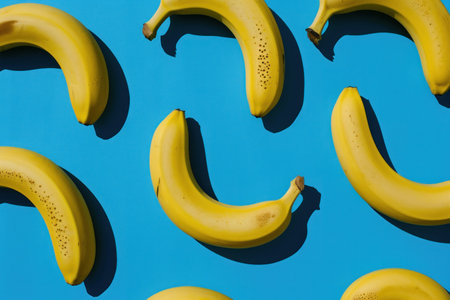 Pattern of Bananas on Blue Background with Half Banana in Middleの素材