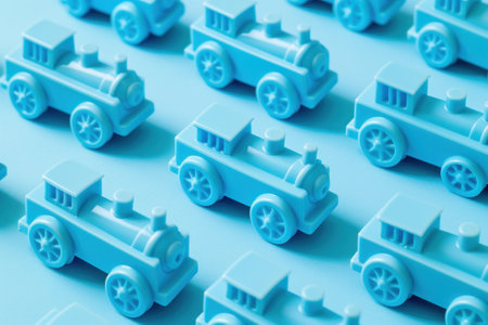 Blue plastic toy trains collection on a blue background, childrens playtime concept with colorful locomotives and wagonsの素材