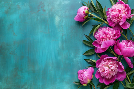 Beautiful pink peonies on a vibrant turquoise background with space for your text, perfect for summer floral designsの素材