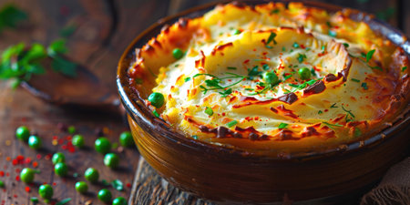 Creamy mashed potatoes garnished with fresh peas and parsley on a rustic wooden tableの素材