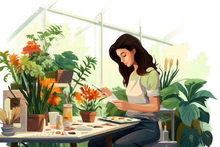 Cozy Home: Young Woman Illustration Surrounded by Plants and Greenery in a Modern Houseの素材