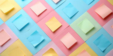 Colorful sticky notes on vibrant wall background, top view, space for text flat lay conceptの素材