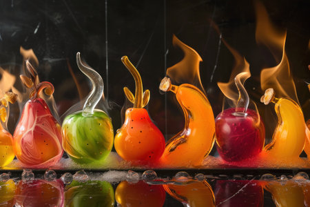 Row of Colorful Glass Fruit with Flames on Table Vibrant and Fiery Decorative Ornaments for Home Decor and Eventsの素材