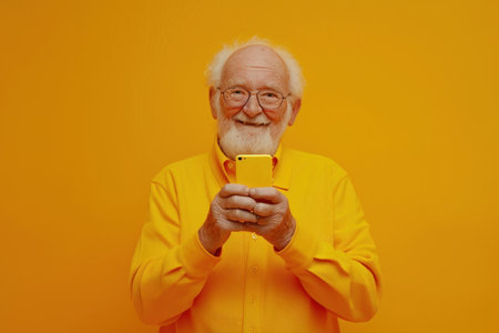 Elderly man in yellow shirt using cell phone for communication and connectivity with the worldの素材