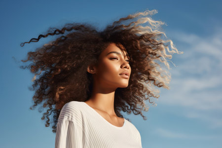Stylish Young Afro-American Woman with Curly Hair, Looking Attractive and Happy, Outdoors in a Modern City with Green Backgroundの素材