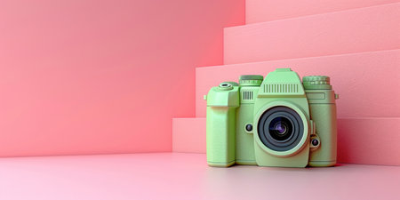 Green camera on pink wall with pink background, minimalist photography concept, vintage style camera on colorful backdropの素材