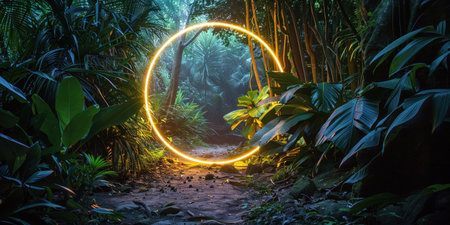 Enchanting forest scene with circular light shining through lush trees and plants in natures embraceの素材