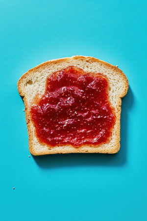 Delicious slice of bread with sweet jam on top against a vibrant blue background, copy space availableの素材
