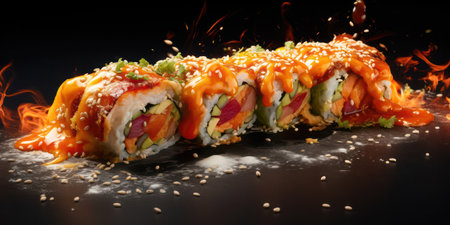 Gourmet Japanese Seafood Delights: Delicious Sushi Roll with Fresh Salmon, Avocado, and Tuna on a Traditional Nori Plate.の素材
