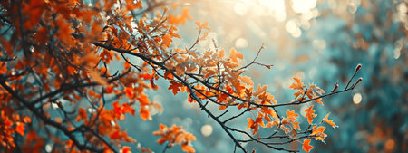 Vibrant Autumn Leaves on Tree Branch with Sunbeams Against Blue Sky Natural Beauty in Fall Seasonの素材