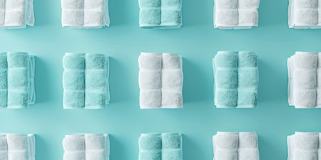 Stack of fresh fluffy towels on vibrant turquoise blue background for spa or bathroom conceptの素材